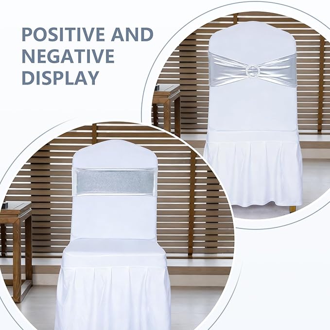 SquarePie 50 PCS Metallic Silver Spandex Chair Sashes - Shiny Stretch Bows with Buckle Slider - No-Tie Universal Elastic Chair Bands for Wedding Reception Party Banquet Event