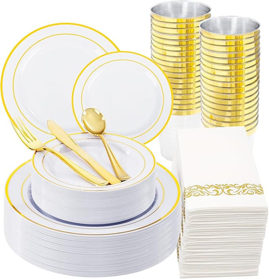 WDF 175PCS White and Gold Plastic Plates - Gold Plastic Plates - 25 Guest Thanksgiving Disposable Dinnerware Sets Include 50 Plate, 25 Cutlery, 25 Napkins and 25 Cups for Party/Thanksgiving/Wedding
