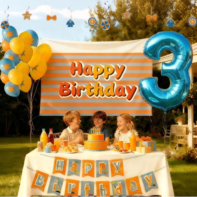 Cartoon Teacher Theme Party Supplies, 3rd Birthday Party Decorations for Boys Girls, Blue and Orange Theme with Number 2 Balloon, Backdrop, Banner, Balloons, Cake Topper, Hanging Swirl Party Supplies