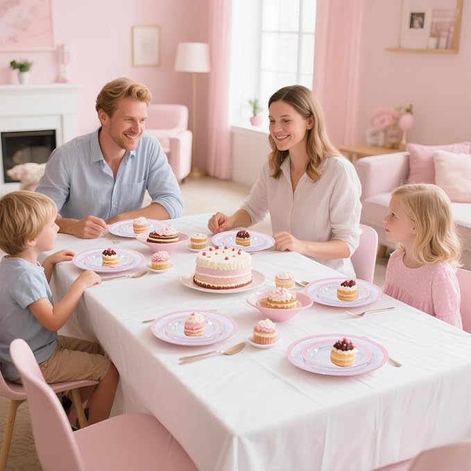 I00000 350 Pcs Clear Pink Plates for 50 Guests, Pink Dinnerware Include 100 Plates, 50 Cups, 50 Pre Rolled Napkins with Cutlery Set for Party, Wedding