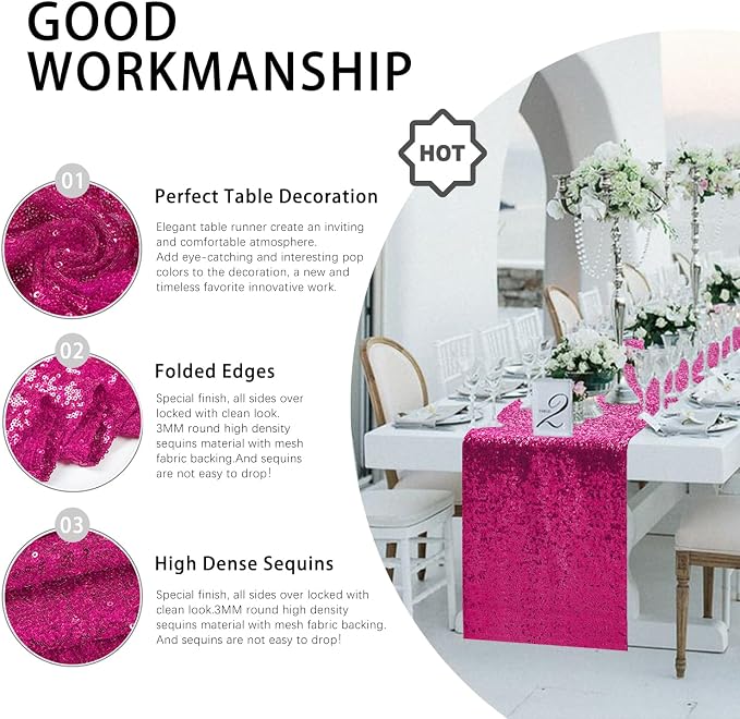 10 Packs 12 x 72 inches Fuchsia Sequin Table Runner, Glitter Runner for Birthday Party Supplies Wedding Holiday Celebration Baby Shower Engagement Anniversary Decor