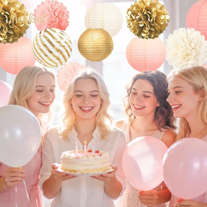 AOBKIAT Birthday Party Decorations Set for Girls Women,12PCS Pink Gold Tissue Paper Pom Poms Lanterns Flowers,for Engagement,Wedding,Baby Shower,Bridal Shower,Girl Party