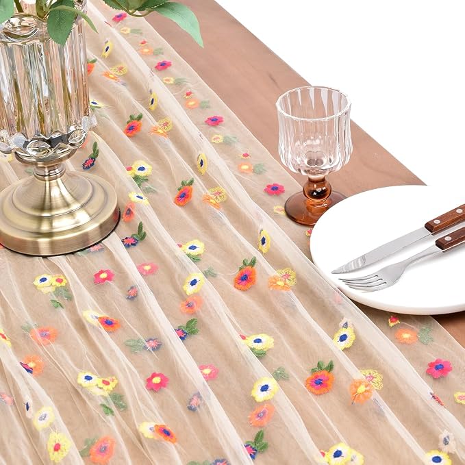 Joanlody 3pcs Champagne Summer Flower Table Runner 10ft Embroidery Daisy Floral Seasonal Tulle Table Runner for Home Garden Tea Party Holiday Birthday Decoration