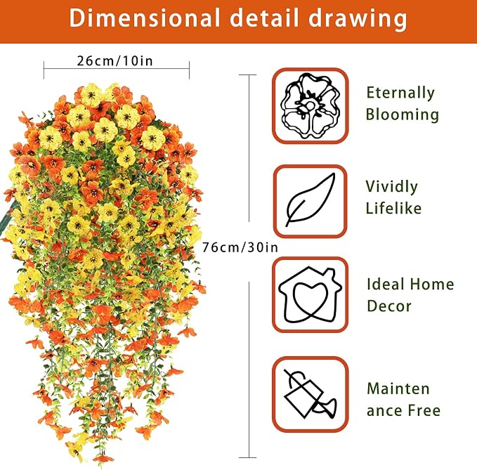 4PCS Artificial Hanging Flowers for Outdoors Summer Decoration, Upgrade UV Resistant Faux Silk Hanging Plants for Outside Home Planter Porch Patio Decor (Orange&Yellow)
