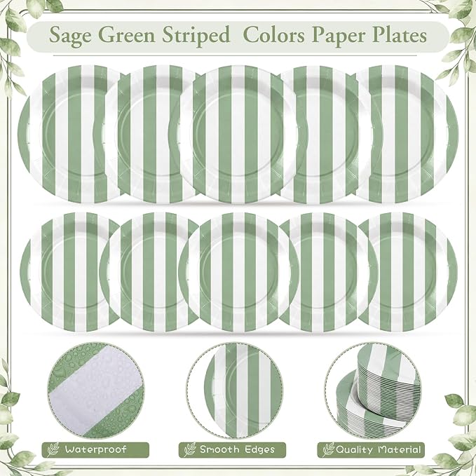 Mimorou 350 Pcs Sage Green Striped Paper Plates and Napkins for 50 Guests, Green White Striped Disposable Tableware Set Sage Plates Cup Napkins Spoon Fork Knife for Baby Shower Birthday Party Supplies