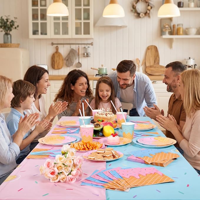 LemonRoad 452 Pcs Ice Cream Party Decorations for 50 Disposable Ice Cream Cone Tableware Set Paper Plate Cup Napkin Tablecloth Fork Straw Spoon Supplies for Birthday Sweet Summer Baby Shower Dinner