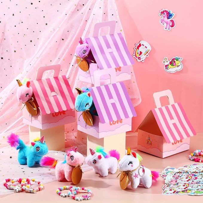 Remuuly 100 Pcs 16 Sets Unicorn Party Favor Mini Unicorn Stuffed Animals Bulk Plush Keychains Bracelet Gift Box Sticker for Adopt an Animals Favors Birthday Goodie Bag Supplies Fillers Stuffers