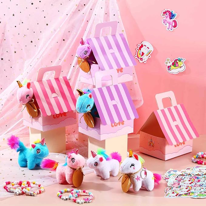 Remuuly 88 Pcs 12 Sets Unicorn Party Favor for Girls Mini Unicorns Stuffed Animals Bulk Plush Keychains Gift Box Bracelet Sticker for Goodie Bag Birthday Students