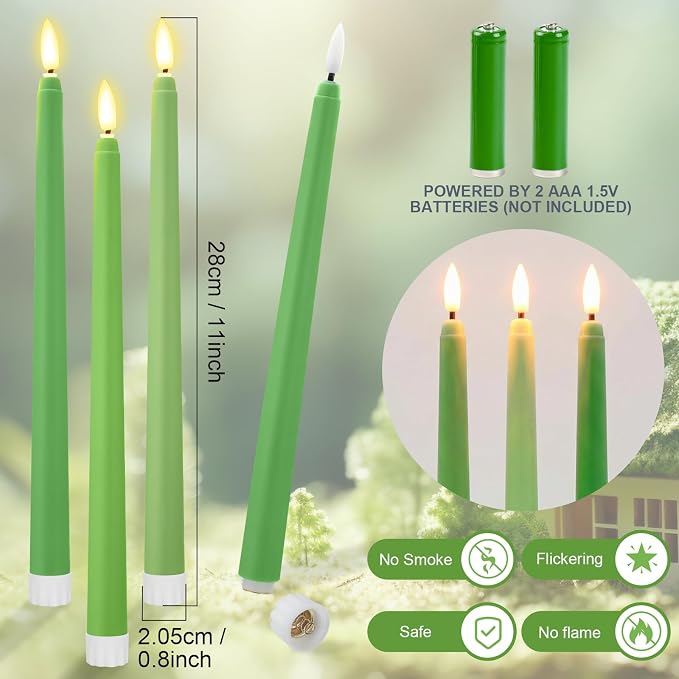 Macarrie 24 Packs Flameless Taper Candles Battery Operated Fake 11 Inch Long Candlelight LED Flameless Candlesticks Flickering Tapered for Summer Fall Wedding(Spring Green)