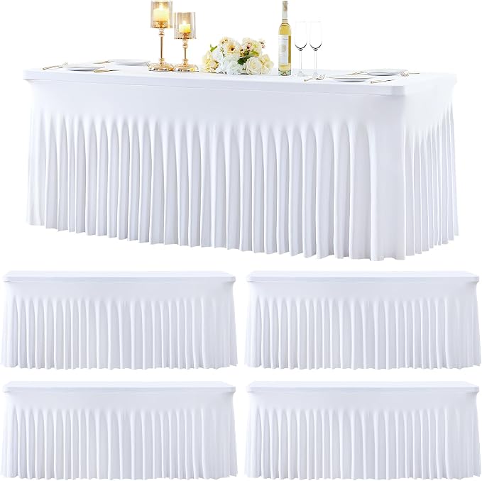4 Pack 8ft White Spandex Tablecloths for Rectangle Tables Wrinkle Free White Rectangle Table Cloth, Stretch Fitted Table Cover with Skirt for Wedding Birthday Party Banquet Baby Shower Buffet Event