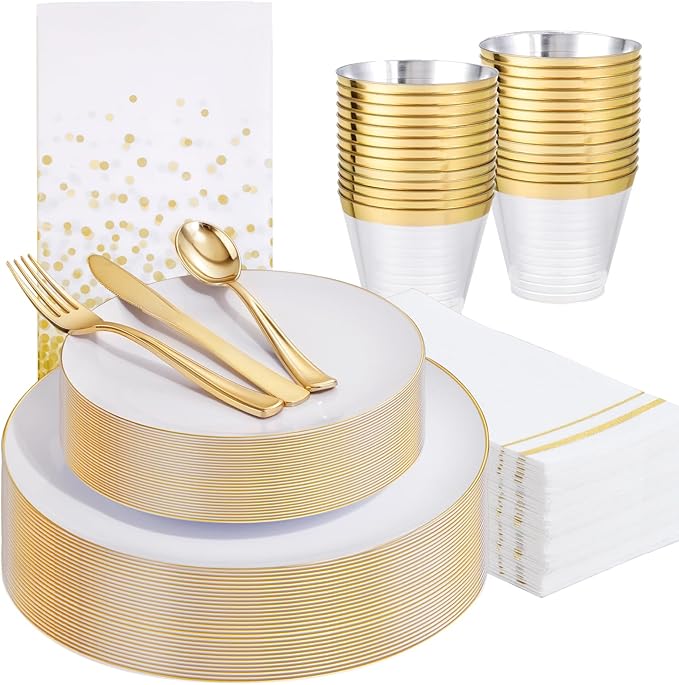 Festiva 175PCS White and Gold Plastic Plates - White with Gold Rim Fall Dinnerware Set - 25Guest include Plates Cups Cutlery Napkins for Birthday Party&Wedding& Easter
