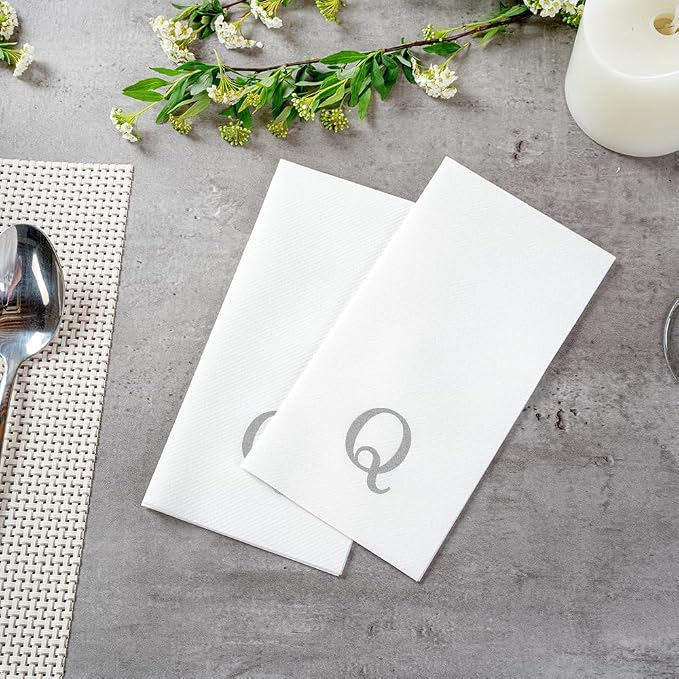Luxenap 15.8 X 7.9 Inch Linen-Feel Guest Towels, 2000 Lettered Hand Towels - Silver Letter 'Q', Sans Serif Font, White Paper Dinner Napkins, airlaid, For Restrooms And Tables - Restaurantware