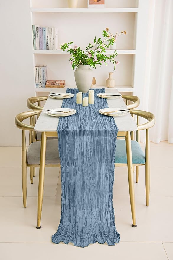 20 Pack Dusty Blue Cheesecloth Table Runner 17x108 Inch Boho Wrinkled Sheer Gauze Cheese Cloth Table Runner Bulk Romantic Decor for Wedding, Bridal Shower, Birthday Party