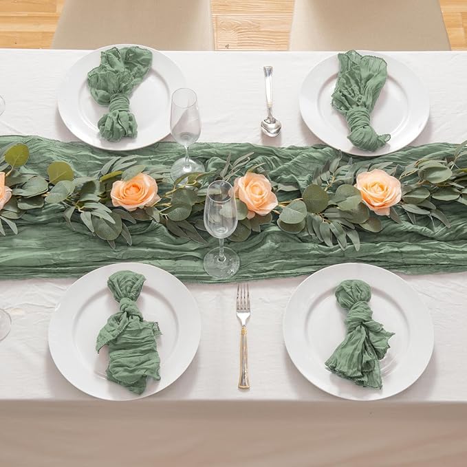 6 Pack Sage Green Cheesecloth Table Runner 21x120 Inch Boho Wrinkled Sheer Romantic Gauze Decor for Wedding, Bridal Shower, Birthday Party
