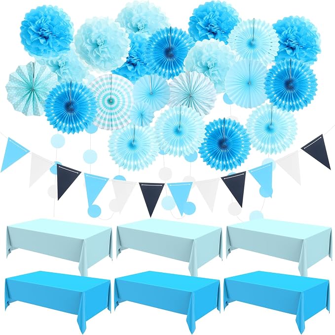 Fullhawl 27 Pcs Navy Blue Party Decoration, 6 Pcs Disposable Tablecloth 21 Pcs Hanging Paper Fans, Pom Poms Flowers, Garland String Polka Dot and Triangle Flag Set for Birthday, Wedding