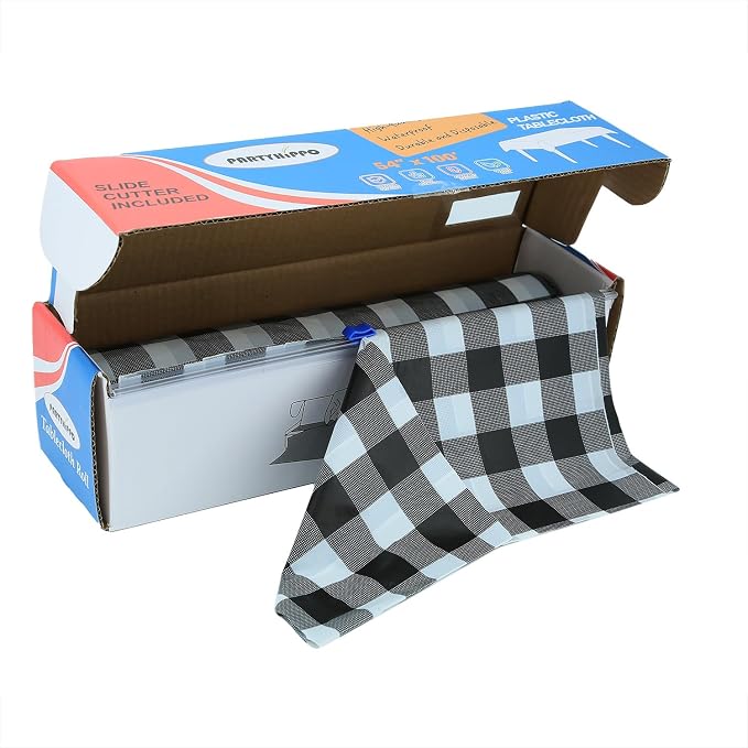 Plastic Tablecloth Roll – 54" x 100' Plastic Tablecloths for Parties Disposable with Cutter Box - Cut to Size Disposable Tablecloth for Rectangle & Round (Gingham-Black)