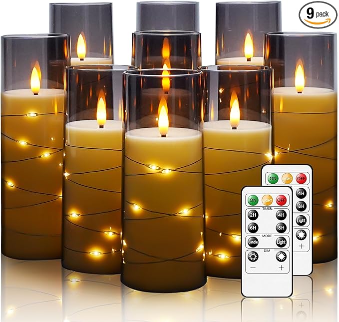 Nimiko Flickering Flameless LED Candles, 9 Pcs with Embedded Star String, Acrylic LED Pillar Candles with Remote, Suitable for Home Decoration (Grey)