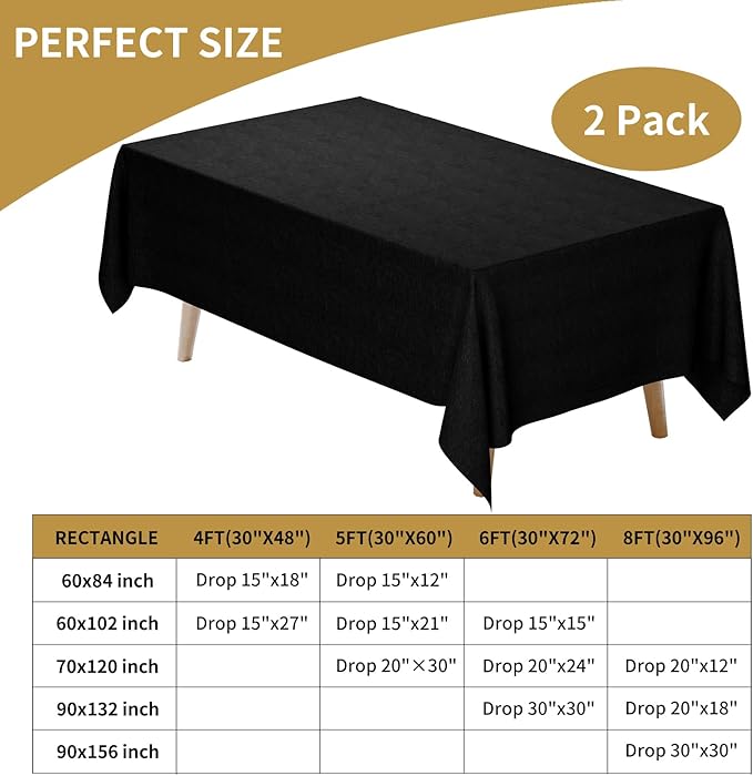 Fixwal 2 Pack Black 60 x 102 Inch Rectangle Tablecloths, Reusable Heavy Duty Washable Polyester Table Covers for 6 Ft Tables, Wedding, Party, Birthday, Outdoor, Picnic, Camping