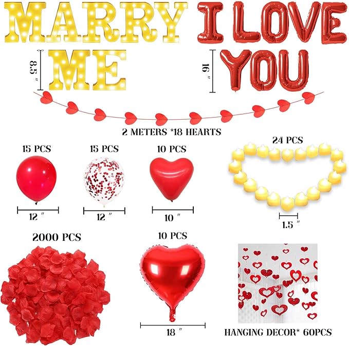 Marry Me Light Up Letters Proposal Decorations, 7Pcs 8.5" Marry Me Sign, 24Pcs Flameless Candles 2000Pcs Red Fake Rose Petals 8Pcs I Love You Letter Balloons 55Pcs Latex Heart Balloon Valentine's Day