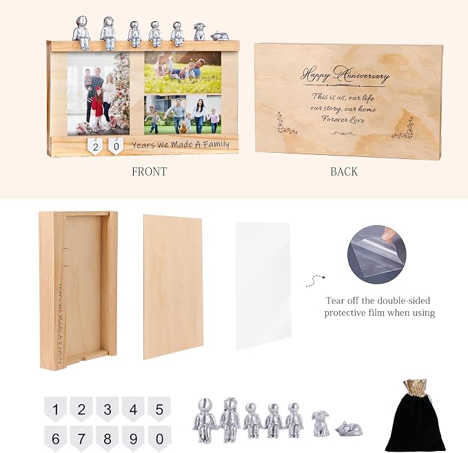 Anniversary Keepsake Box with Family Statue- Wooden Picture Frame for Cherished Keepsakes Storage，Anniversary or Wedding Gifts for Her/He (Pine)