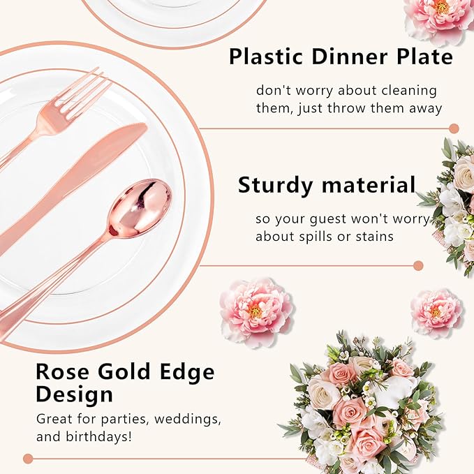 GATHER 350PCS Rose Gold Plastic Plates - Disposable Rose Gold Dinnerware Includes 100 Clear Rose Golds Rimmed Plastic Plates, 150 Silverware, 50 Napkins, 50 Cups for Party, Wedding, Mother's Day
