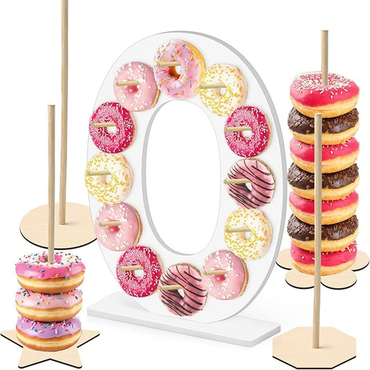 5 Pcs Donut Stand Set, Doughnut Party Supplies Include 1 Pc Digit Donut Wall Display Stand, 4 Pcs Doughnut Wall, for Birthday Wedding Baby Shower Party (White number 0)