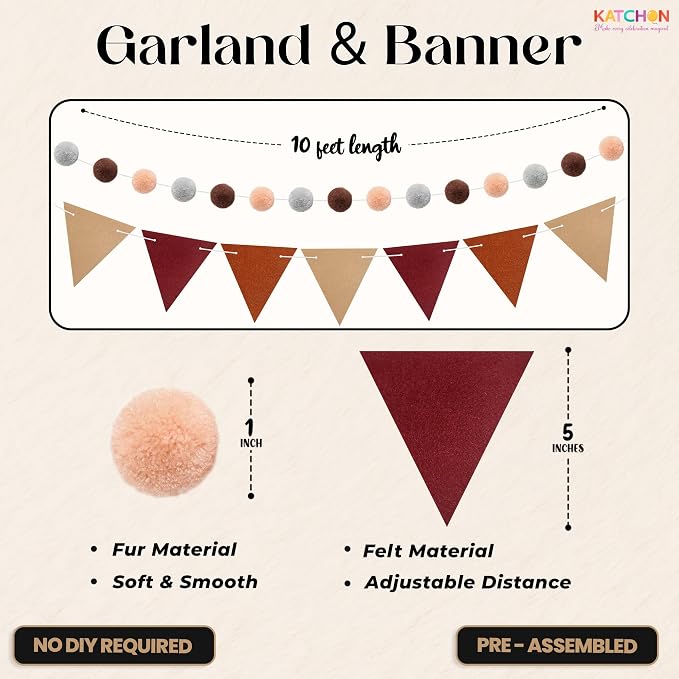 KatchOn, Burgundy Happy Birthday Banner Set – Pre Strung, 10 Ft | Triangle Flag Banner and Pom Pom Garland, Reusable | Burgundy Birthday Decorations for Women, Men | Boho Party Decorations