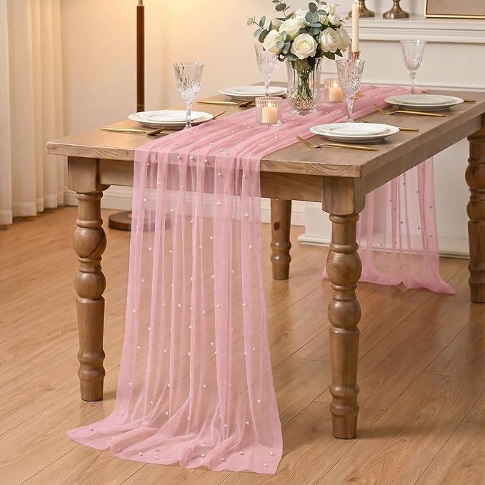 Artoid Mode Pearl Pastel Pink Gauze Table Runner 120 Inch 10FT, Seasonal Sheer Dining Holiday Wedding Birthday Baby Shower Table Decor for Home Party