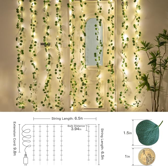 suddus 200 LED Vine with Light Plug in, 6.5ft x 6.5ft Eucalyptus Fairy Curtain Lights with Remote, Leaf Fairy Lights for Wall,Bedroom, Dorm, Wedding, Party, Indoor Decor(Warm White)