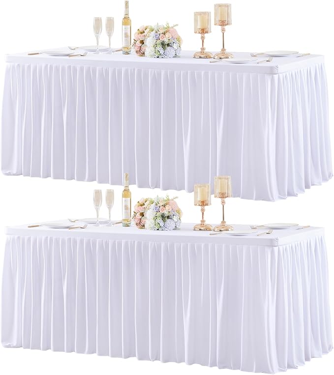 2 Packs White Tableclothes for 8 Foot Rectangle Tables, Wrinkle Free Fitted Table Cover 8ft Stretch Table Cloth with Skirt for Parties Weddings Birthday Banquet Baby Shower