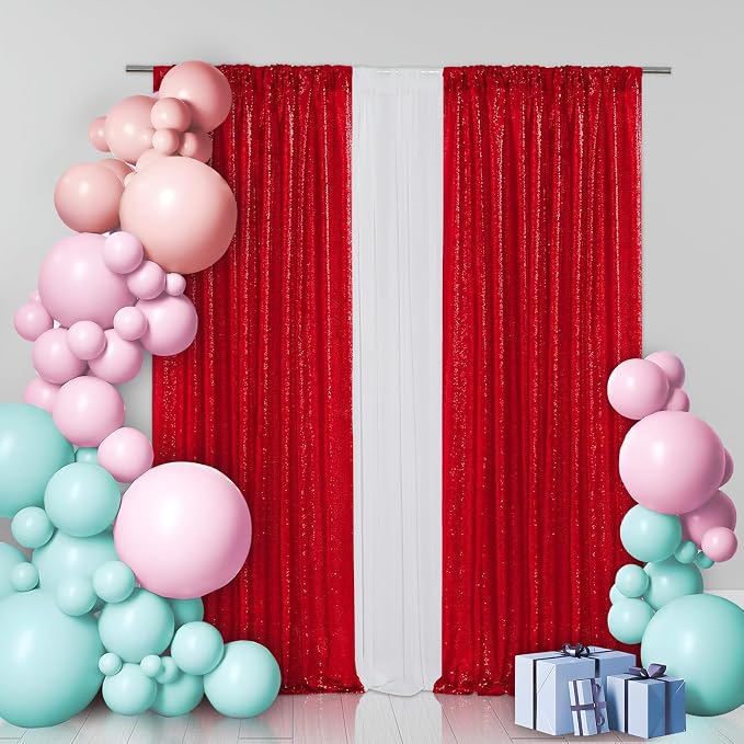 Eternal Beauty Sequin Backdrop Curtains, 2x8 Ft-2 Panels Red Back Drop for Mother's Day Shimmer Photography Party Wedding Birthday Decor