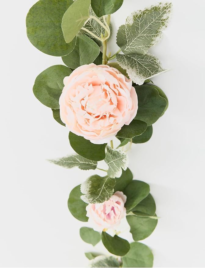 MISSPIN 2pcs Artificial Flowers Garland Spring Eucalyptus Garland Vintage Fake Flower Peony Rose Vine Greenery Decorative Wall Hanging Plant for Wedding Arch Door Arrangement Party Decor (Pink,2)