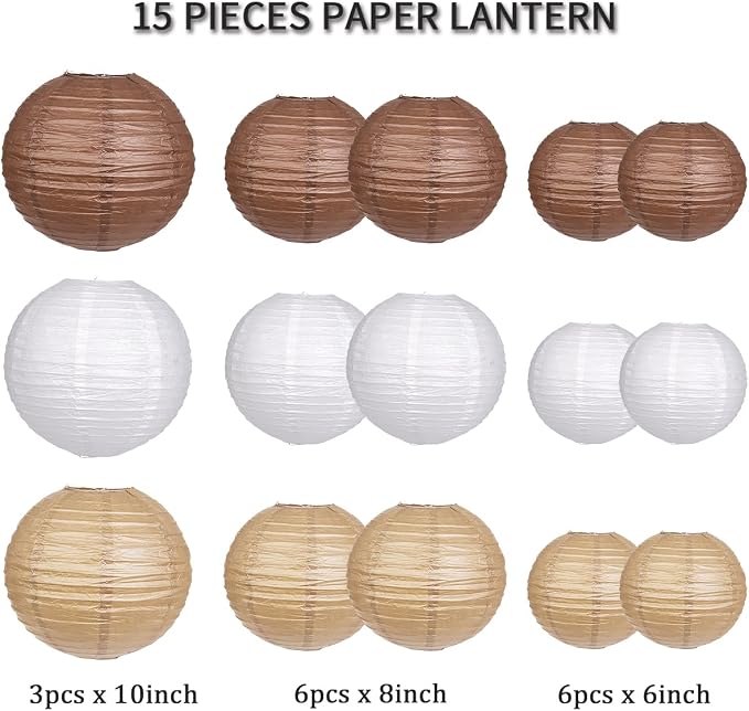 Paper Lanterns Decorative, Round Hanging Paper Lanterns Decorations for Rustic Party Wedding Natural Baby Shower Boho Brown Birthday Party Supplies Brown/White/Tan 15pcs