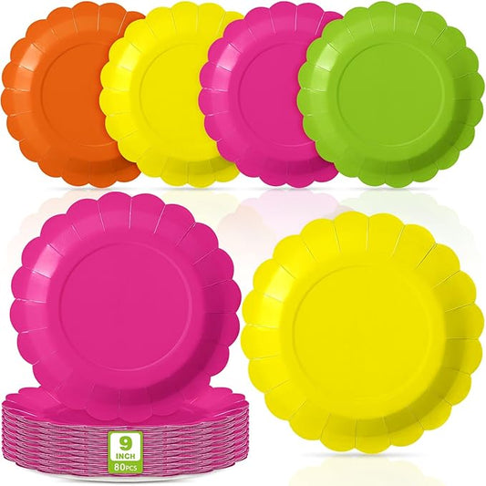 60 Pcs Neon Paper Plates 9 Inch Neon Scalloped Disposable Round Dessert Colorful Paper Plates Party Decoration for Glow Margs and Matrimony Bachelorette Party (Neon)