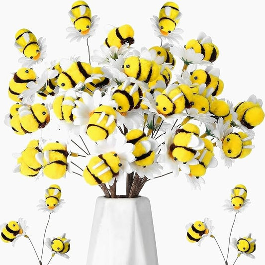 Suncalla Felt Bee Stems Summer Bees Birthday Party Decorations Felt Honeybee Branches 9.45 in Decorative Picks for Tree Vase Filler Home Table Centerpiece Farmhouse Spring Party(White Flower)