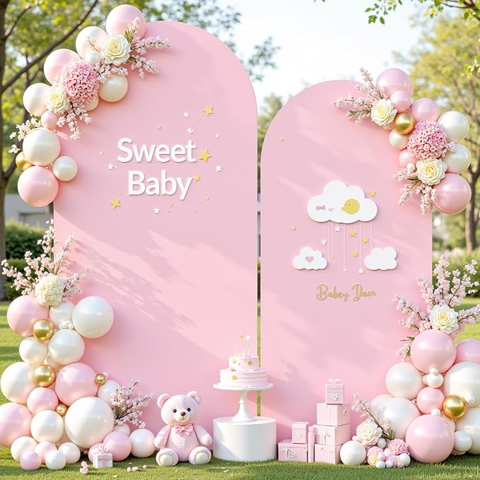 Pale Pink Arch Cover 2 Set-7.2FT and 6FT Arch Backdrop Cover Spandex Fitted Wedding Arch Stand Covers for Baby Shower Girls Birthday Party Bridal Shower Wedding Banquet Photo Background Decorations