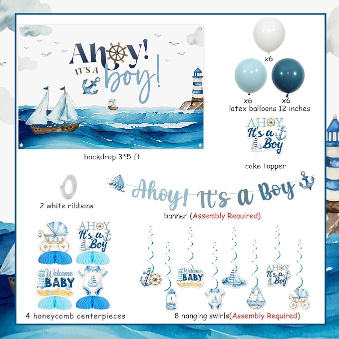 Nautical Baby Shower Decorations Nautical Ahoy It's A Boy Backdrop Banner Ahoy It's A Boy Baby Shower Centerpiece Hanging Swirl Ocean Sailing Sailor Ocean Sailboat Lighthouse Balloon Decor