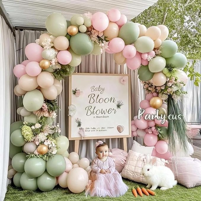 Dusty Green Pink Balloon Arch Double Stuffed, Sage Mint Green Baby Pink White Sand Cream Gold Pastel Balloon Garland Kit for Baby in Bloom Birthday Wedding Easter Dinosaur Valentines Party