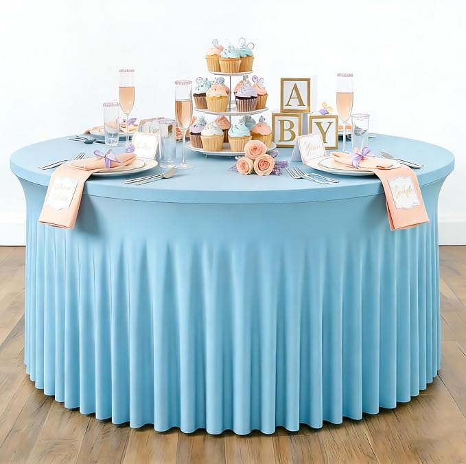 60 Inch Baby Blue Round Tablecloth - Stretch Spandex Fitted Table Cover with Elastic Skirt Edge, Wrinkle-Free & Reusable for 5FT Tables Wedding Banquet Party Birthday Buffet