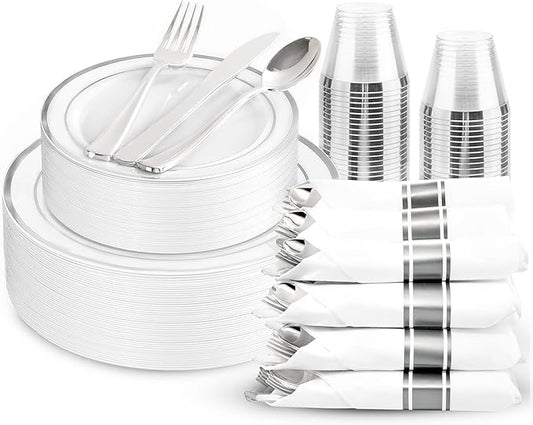 WDF Partyware 175PCS Sliver Plastic Plates - Silver Plates Disposable - White Plate with Silver Trim 25Guests Plastic Dinnerware Sets with Rolled Napkins for Wedding Baby Shower Spring Birthday