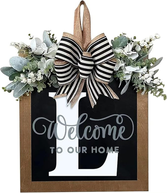 Last Name Year Round Front Door Wreath Front Porch Decoration 26 Letter Welcome Sign with Eucalyptus Garland and Bow Spring Wreaths for Front Door Outside Hanger Garland（L）