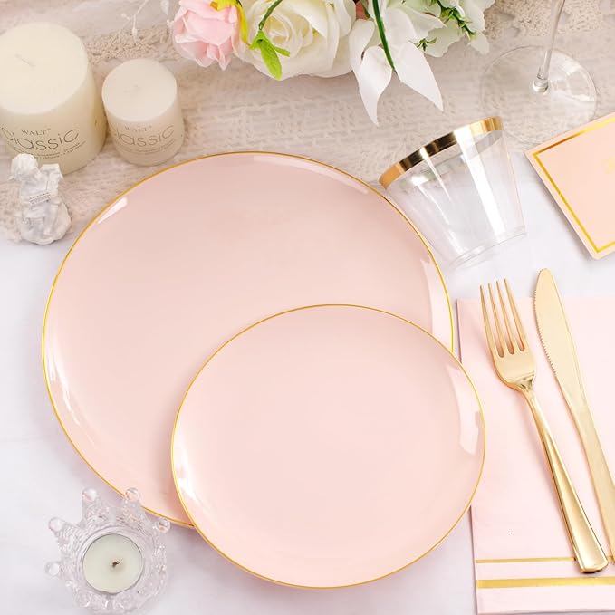 NOCCUR 350PCS Pink Plates Disposable - Pink Gold Plastic Dinnerware Set for 50 Guests Include 100 Dinner/Dessert Plates,150 Cutlery,50 Cups&50 Napkins - Ideal for Party/Wedding/Mother's Day