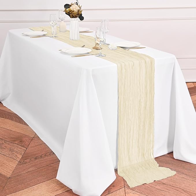 12 Pack Ivory Table Runner 10Ft Cheesecloth Table Runner Rustic Gauze Table Runners Romantic Long Cream Sheer Fabric Cheese Cloth Table Runners for Wedding Party Bridal Baby Shower