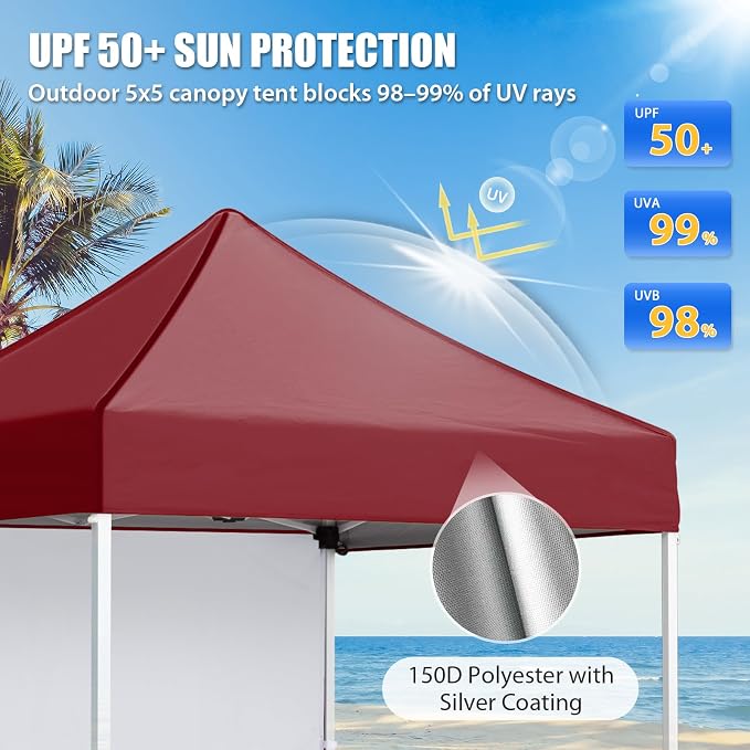 EAGLE PEAK Pop up Canopy 5x5, Outdoor Portable Canopy Tent with One Removable Sunwall, Carry Bag Included, Burgundy