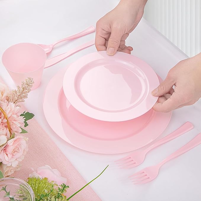KIRE 150 Pieces Pink Plastic Plates Disposable - Pink Dinnerware Set Include 25 Dinner & 25 Salad Plates 25 Forks 25 Knives 25 Spoons 25 Cups for Baby Shower/Bridal Shower/Mother's Day