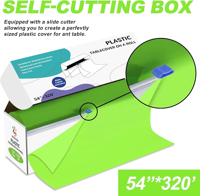 54IN X 320FT Plastic Table Cover Roll with Cutter Box, Cut to Size Plastic Table Cloths for Parties, Birthday, Disposable Tablecloth Roll for All Shape Tables (Lime Green, 54 Inch X 320 Feet)
