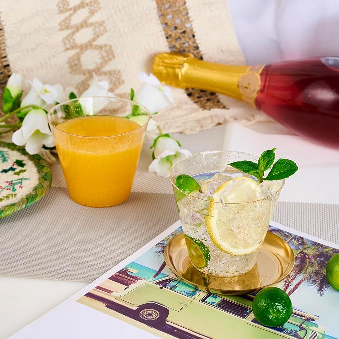 JOLLY CHEF 50 Pack 9 oz Glitter Plastic Cups, Disposable Gold Cups, Clear Plastic Tumblers for Weddings Thanksgiving, Christmas Parties