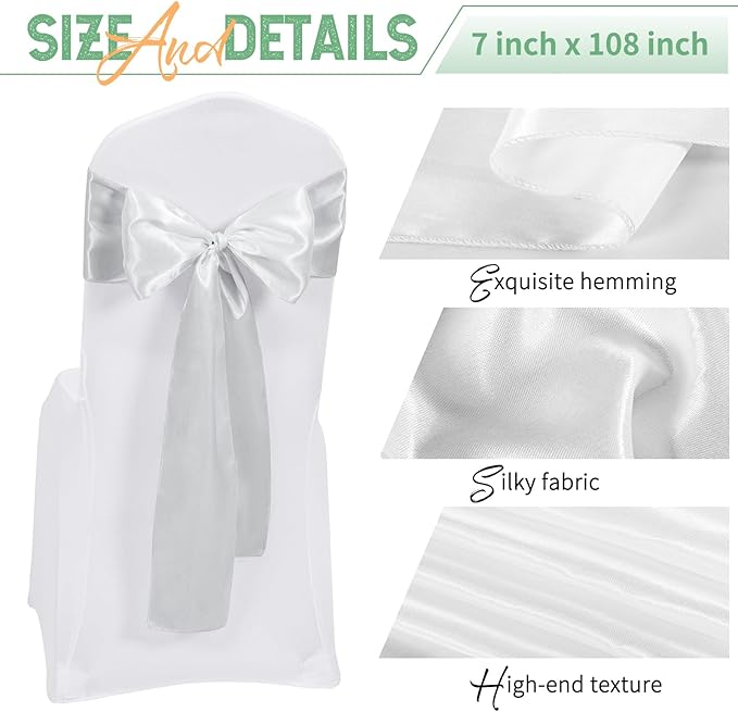 120 PCS Silver Satin Chair Sashes, Ties Bows Designed Chairs Decorative, Chair Cover Sashes for Thanksgiving Wedding Christmas Banquet Party Home Kitchen Decoration (7 x 108 inch)