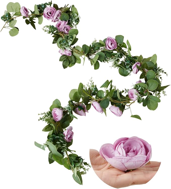PONKING Flower Garland Artificial Rose Vine Flowers Hanging Fake Roses Vines for Wedding Birthday Party Valentines Christmas Room Wall Arch Decor, 2 Purple Floral Garland Decorations