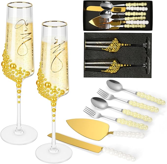 8 PCS Wedding Cake Knife and Champagne Flutes Server Set, Mr and Mrs Champagne Flutes with 2 Forks and Spoons, Bride and Groom Champagne Glasses for Wedding, Engaggement and Bridal Shower Gifts